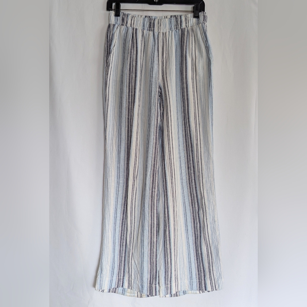 Briggs Women's Small Striped Wide-Leg Pants Linen Bland Blue White Summer Beach